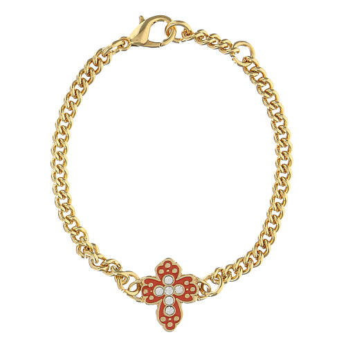 Bracelet croix émaillée rouge strass cuivre doré 1