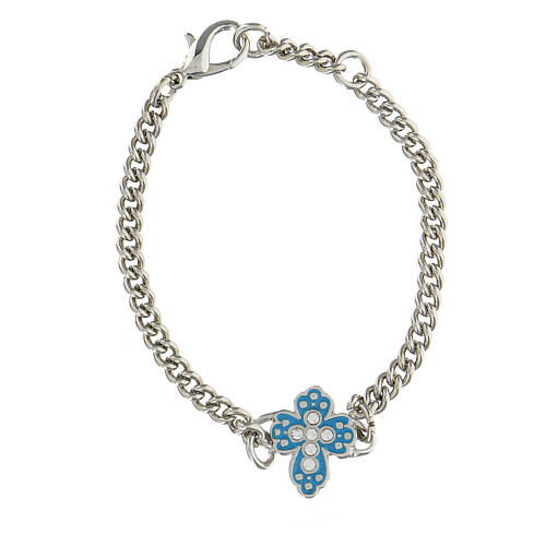 Bracelet croix émaillée bleu clair strass cuivre finition bronze blanc 1