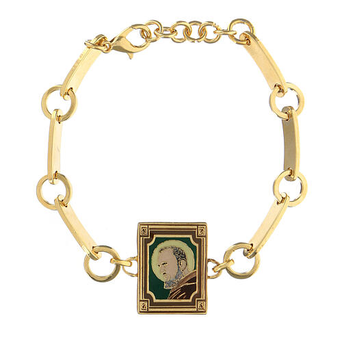 Bracelet Padre Pio fond vert laiton doré 1