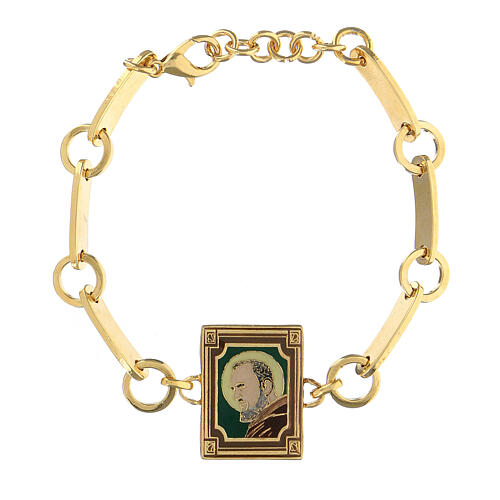 Pulseira Padre Pio esmalte verde latão dourado 1