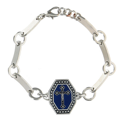 Bracciale medaglia croce blu scuro ottone bronzato bianco 1