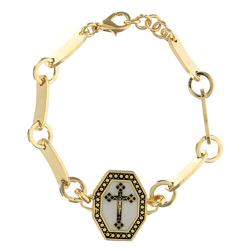 Bracelet with black cross white background in golden copper 1