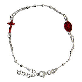 Single decade rosary bracelet, 925 silver, red enamelled medal, 2 mm beads