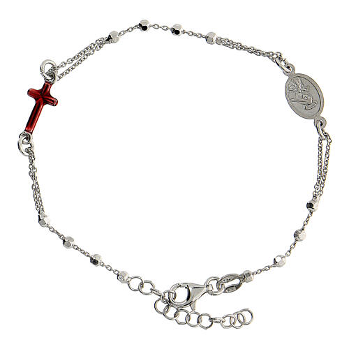 Single decade rosary bracelet, 925 silver, red enamelled medal, 2 mm beads 3