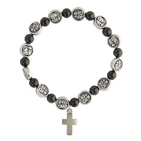 Elastisches Armband mit grauen Perlen und Medaille von Sankt Joseph und der Heiligen Familie, 18 cm