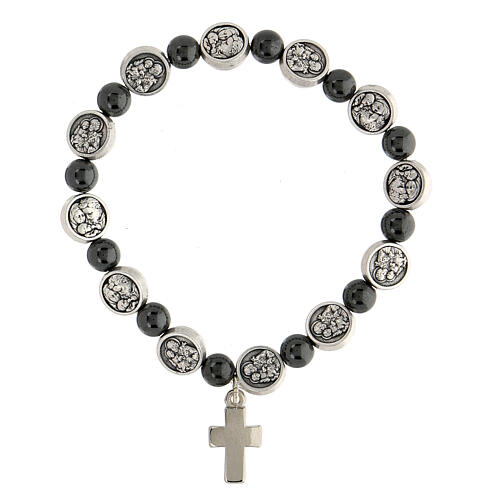 Elastisches Armband mit grauen Perlen und Medaille von Sankt Joseph und der Heiligen Familie, 18 cm 1