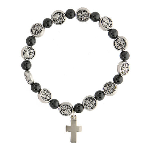 Elastisches Armband mit grauen Perlen und Medaille von Sankt Joseph und der Heiligen Familie, 18 cm 2