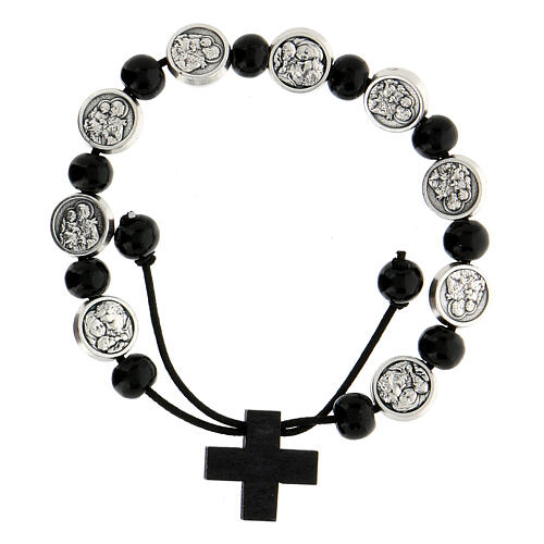 Bracelet, black beads, medals of the Holy Family and St. Joseph, 21 cm 1