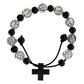 Black bead bracelet Saint Joseph Holy family medals 21 cm