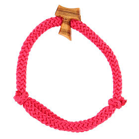 Adjustable bracelet of pink rope with olivewood tau cross