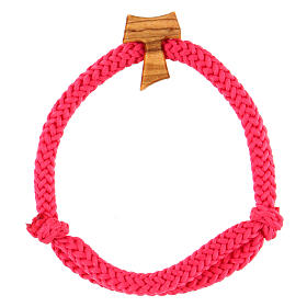 Adjustable pink Assisi wood Tau rope bracelet