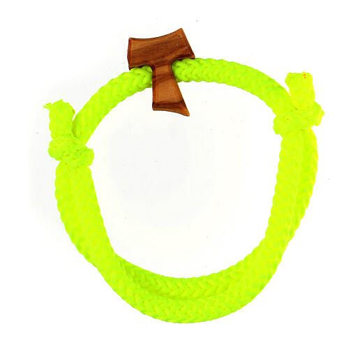 Bracelet réglable corde jaune tau bois olivier Assise 1