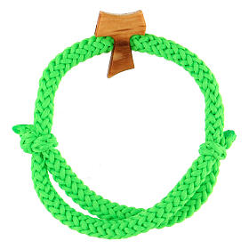 Adjustable bracelet of green rope with olivewood tau cross