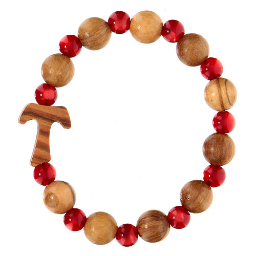 Single decade rosary bracelet with Assisi olivewood 1 cm beads and tau, red beads 1