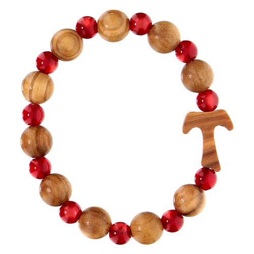 Single decade rosary bracelet with Assisi olivewood 1 cm beads and tau, red beads 2
