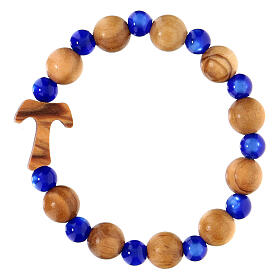 Elastisches Tau-Armband mit Zehner aus Assisi-Holz und mit blauen kleinen Perlen von 1 cm