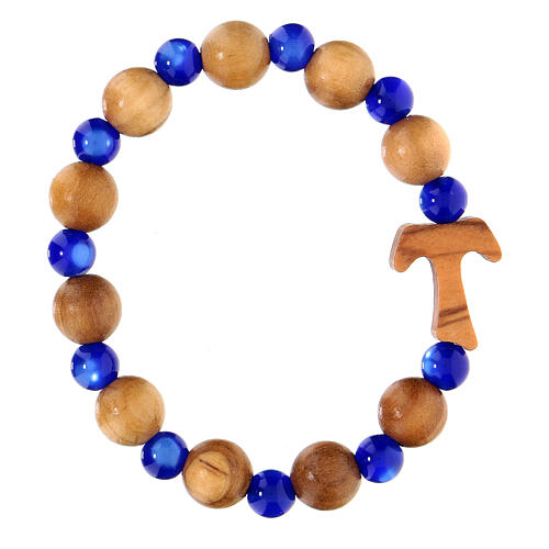 Elastisches Tau-Armband mit Zehner aus Assisi-Holz und mit blauen kleinen Perlen von 1 cm 2