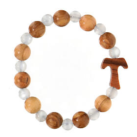Elastisches Tau-Armband mit Zehner aus Assisi-Holz und mit weißen kleinen Perlen von 1 cm