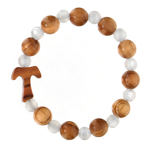Elastisches Tau-Armband mit Zehner aus Assisi-Holz und mit weißen kleinen Perlen von 1 cm 2