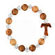 Elastic single decade rosary bracelet with tau cross, Assisi olivewood beads of 1 cm and white beads s1