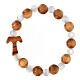 Elastic single decade rosary bracelet with tau cross, Assisi olivewood beads of 1 cm and white beads s2