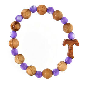 Elastic bracelet in Assisi wood with Tau cross purple beads 1 cm