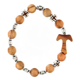 Elastisches Tau-Armband aus Assisi-Holz mit braunen Kreuzen und Perlen von 5 mm