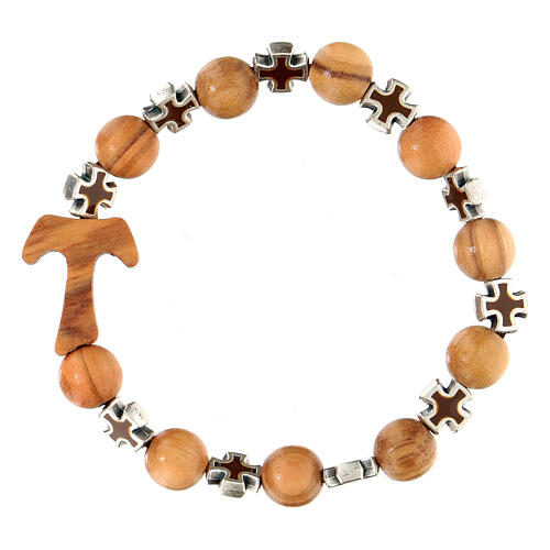 Elastisches Tau-Armband aus Assisi-Holz mit braunen Kreuzen und Perlen von 5 mm 1
