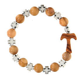 Elastisches Armband mit Tau, Zehner und Perlen aus Olivenbaumholz von 5 mm und weißen Kreuzen