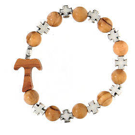 Elastic single decade rosary bracelet with olivewood 5 mm beads and tau, white metal crosses