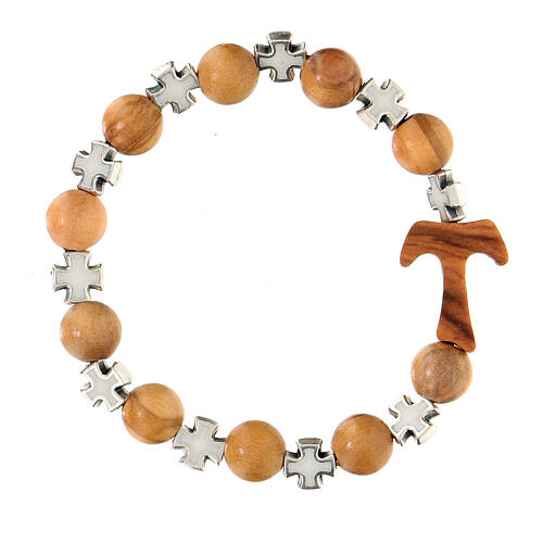 Elastic single decade rosary bracelet with olivewood 5 mm beads and tau, white metal crosses 1