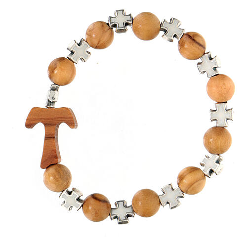 Elastic single decade rosary bracelet with olivewood 5 mm beads and tau, white metal crosses 2