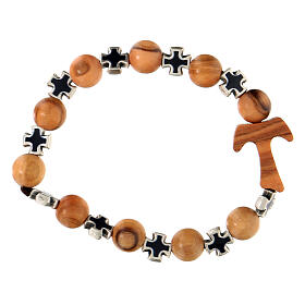 Elastic single decade rosary bracelet with olivewood 5 mm beads and tau, black metal crosses