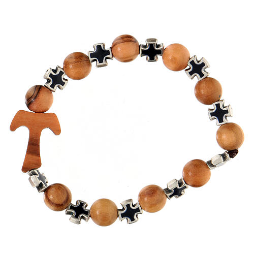 Elastic single decade rosary bracelet with olivewood 5 mm beads and tau, black metal crosses 2