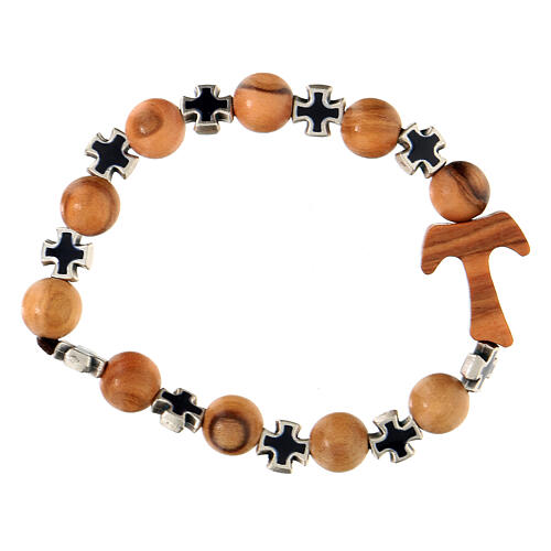 Decade rosary bracelet with black crosses, 5 mm beads of Assisi olive wood 1