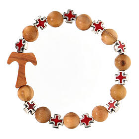 Elastic single decade rosary bracelet with olivewood 5 mm beads and tau, red metal crosses