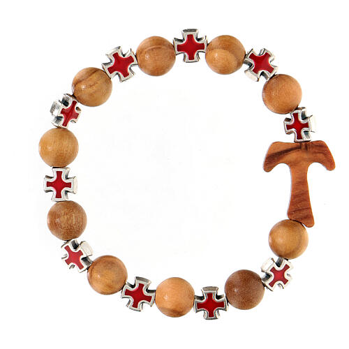 Pulsera decena cruces rojas tau granos 5 mm madera Asís 1