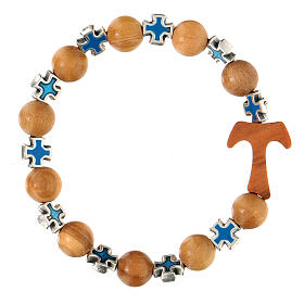 Elastic single decade rosary bracelet with olivewood 5 mm beads and tau, blue metal crosses