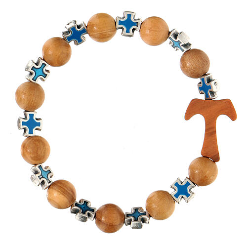 Elastic single decade rosary bracelet with olivewood 5 mm beads and tau, blue metal crosses 1