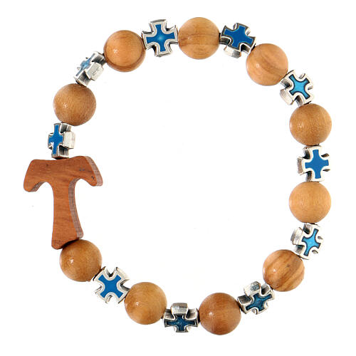 Elastic single decade rosary bracelet with olivewood 5 mm beads and tau, blue metal crosses 2