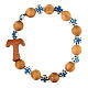 Elastic single decade rosary bracelet with olivewood 5 mm beads and tau, blue metal crosses s2