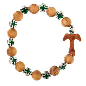 Elastic single decade rosary bracelet with olivewood 5 mm beads and tau, green metal crosses