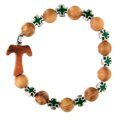 Elastic single decade rosary bracelet with olivewood 5 mm beads and tau, green metal crosses 2