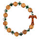 Elastic single decade rosary bracelet with olivewood 5 mm beads and tau, green metal crosses s1