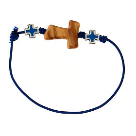 Adjustable rope bracelet with olivewood tau and light blue crosses