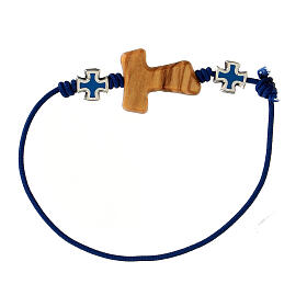 Adjustable rope bracelet with olivewood tau and light blue crosses