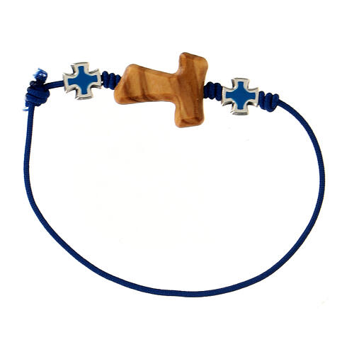 Adjustable rope bracelet with olivewood tau and light blue crosses 1