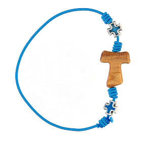 Bracelet réglable tau en olivier et croix bleues