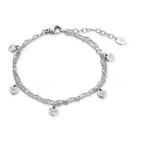 Armband mit Doppelkette und Zirkonia-Herz-Charms, Edelstahl – hypoallergen, 16–19 cm