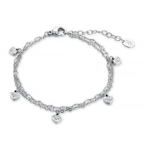 Double chain bracelet with heart-shaped charms, stainless steel and white rhinestones 1